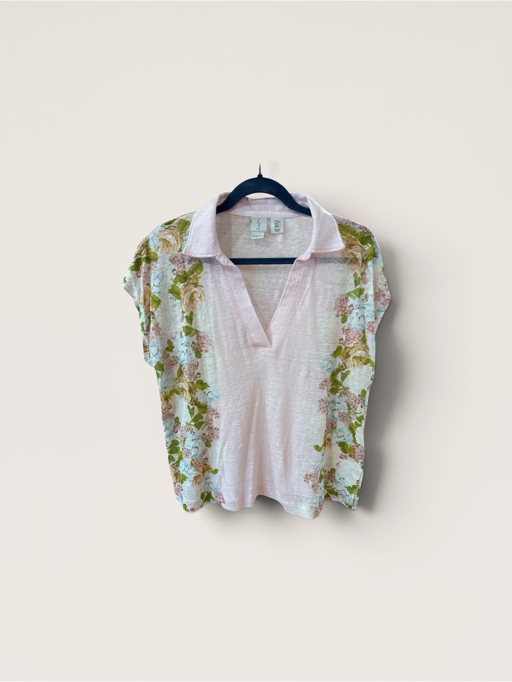 Linen Light Pink Floral-Trim Polo Top - Picture 1 of 1
